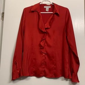 Women’s red satin long sleeves button down blouse with ruffle